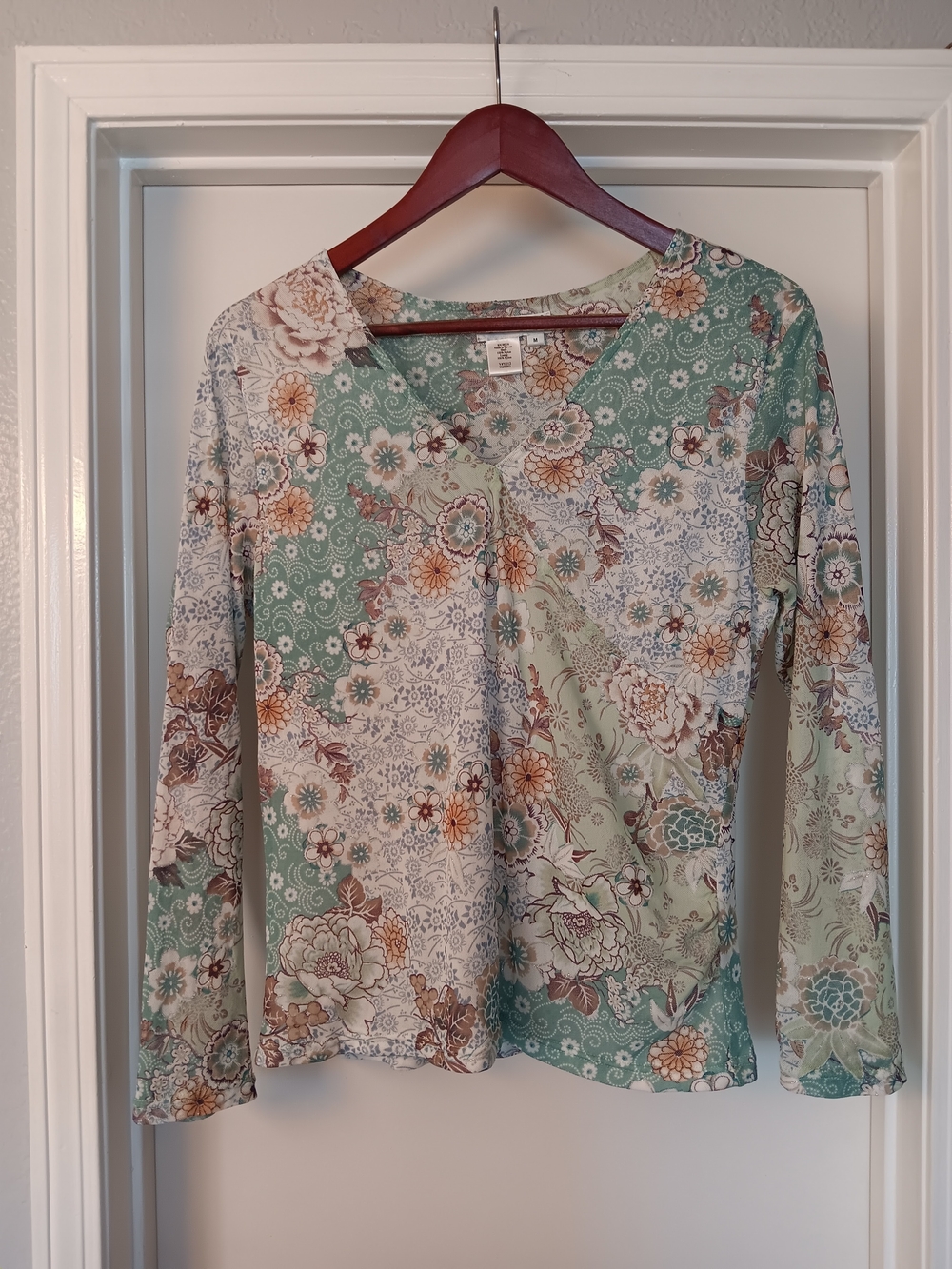 Coldwater Creek Mesh Floral V-Neck Long Sleeve Top in Sage, Cream & Brown